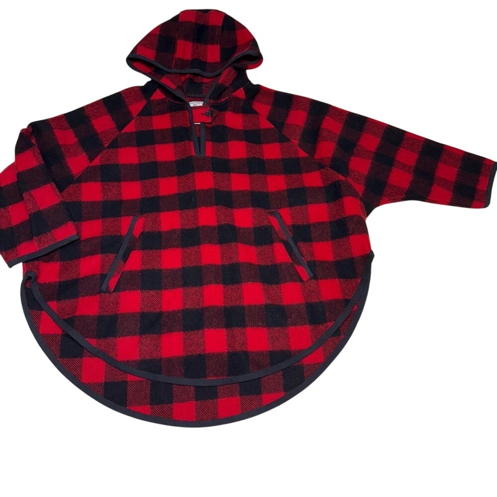 Woolrich Buffalo Check Plaid Wool popover‎ Pullover Hooded Poncho USA Womens S